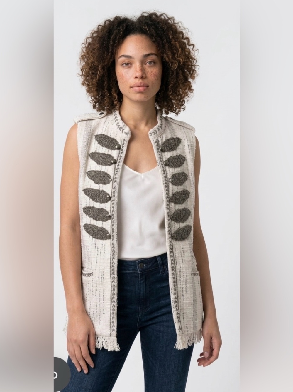Zara Rare military embellished Cream and Gray Sleeveless Jacket. Ptp 18,5”